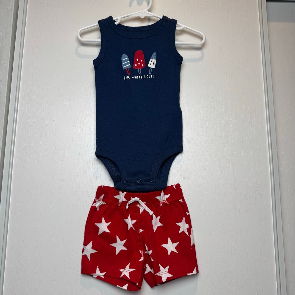 Carters 2 Piece Patriotic Star Red White Blue 
 outfit Snap up Infant 3-6 months